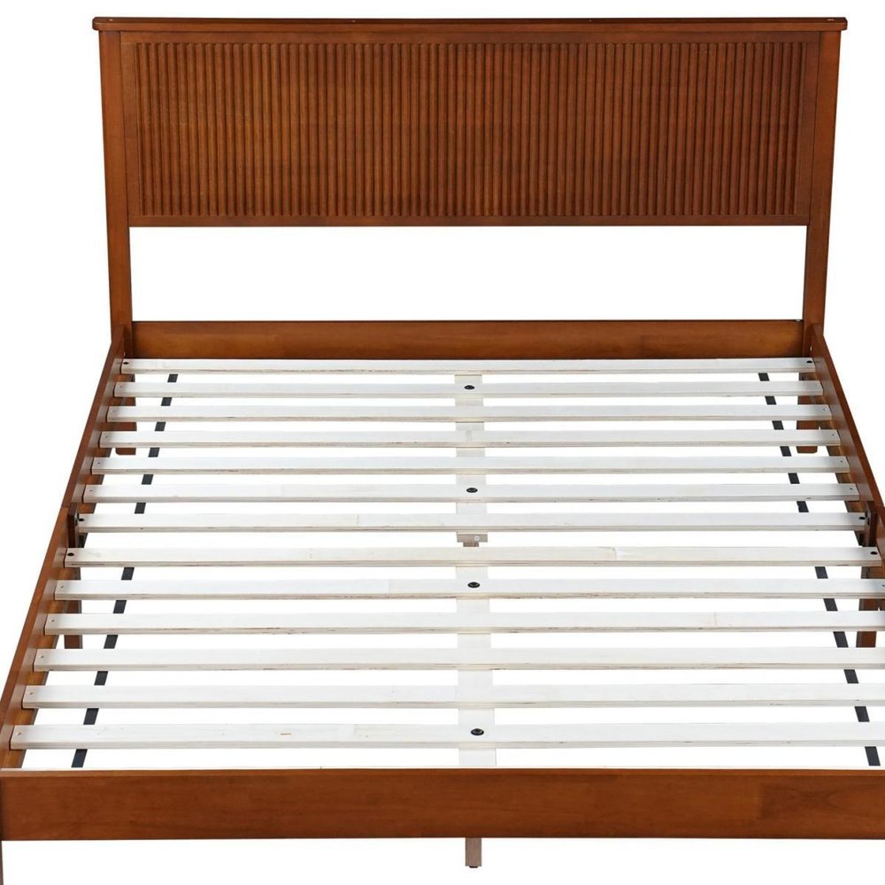 Walnut Ribbed Texture Solid Wood Queen Bed Frame