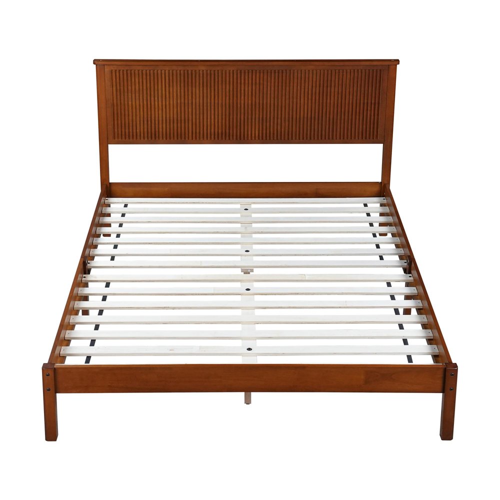 Walnut Ribbed Texture Solid Wood Queen Bed Frame