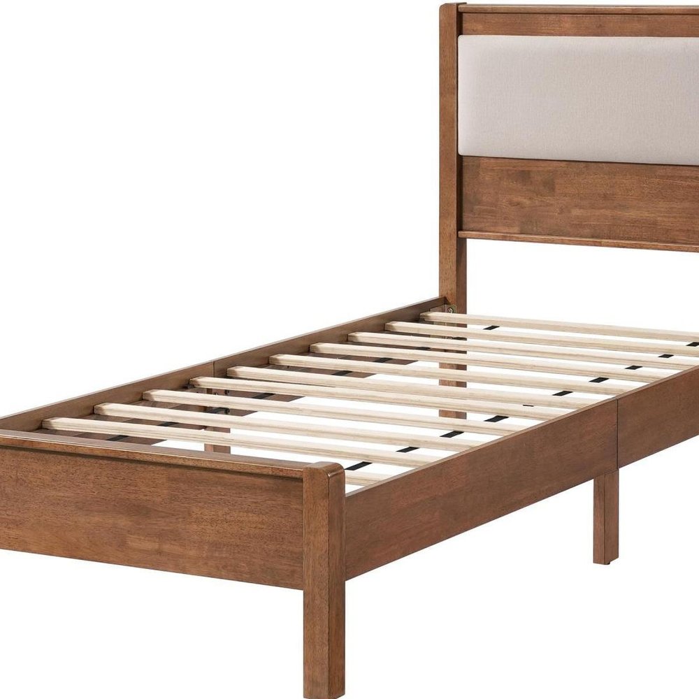 Brown And Light Gray Solid Wood And Linen Blend Upholstered Queen Bed Frame HomeRoots