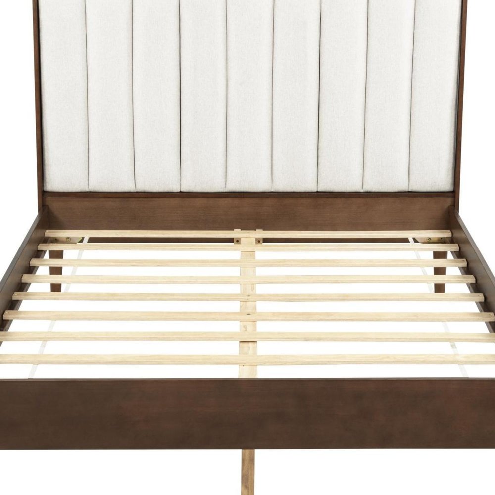 Walnut And Beige Solid Wood And Tufted Linen Blend Upholstered Queen Bed Frame HomeRoots