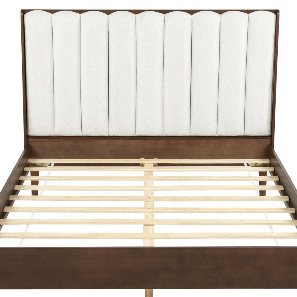 Walnut And Beige Solid Wood And Tufted Linen Blend Upholstered Queen Bed Frame — view 3
