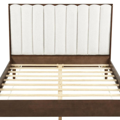 Walnut And Beige Solid Wood And Tufted Linen Blend Upholstered Queen Bed Frame HomeRoots