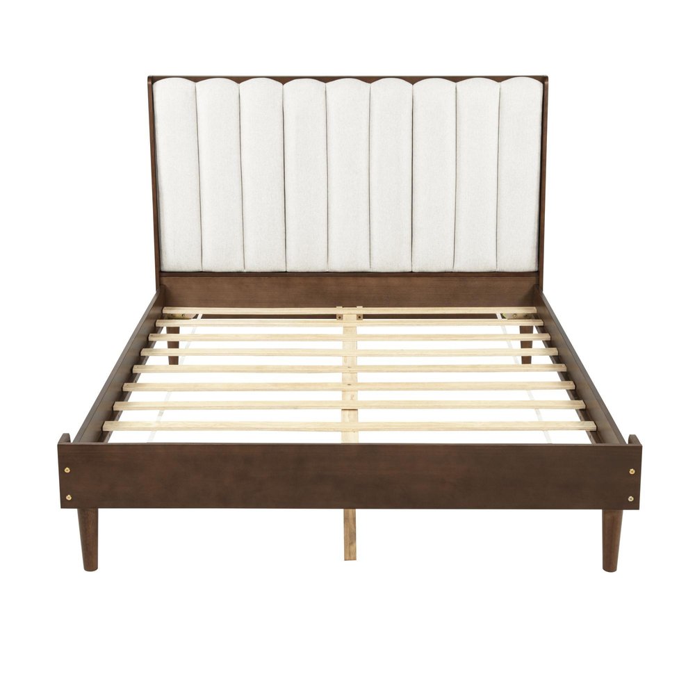 Walnut And Beige Solid Wood And Tufted Linen Blend Upholstered Queen Bed Frame — view 4