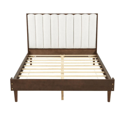 Walnut And Beige Solid Wood And Tufted Linen Blend Upholstered Queen Bed Frame HomeRoots