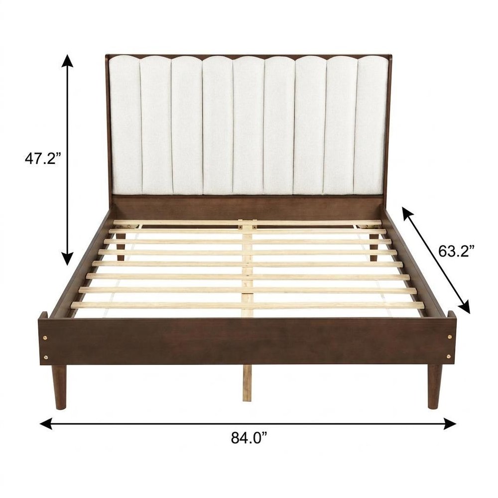 Walnut And Beige Solid Wood And Tufted Linen Blend Upholstered Queen Bed Frame — view 5