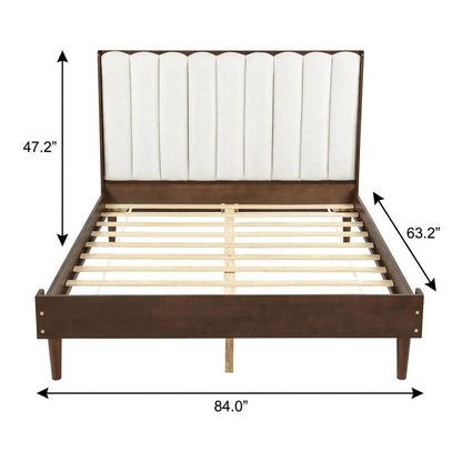 Walnut And Beige Solid Wood And Tufted Linen Blend Upholstered Queen Bed Frame HomeRoots