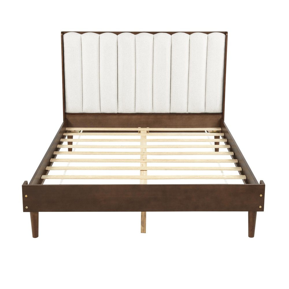 Walnut And Beige Solid Wood And Tufted Linen Blend Upholstered Queen Bed Frame HomeRoots