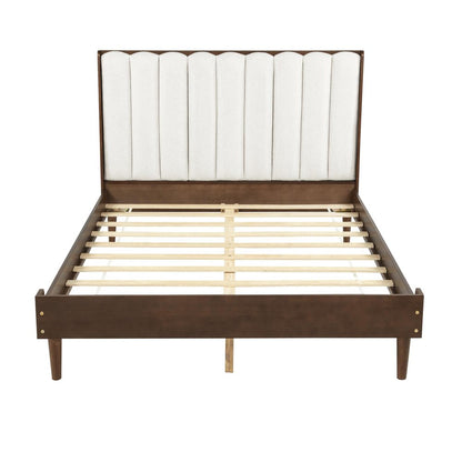Walnut And Beige Solid Wood And Tufted Linen Blend Upholstered Queen Bed Frame HomeRoots