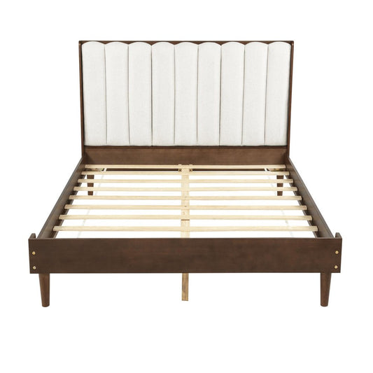 Walnut And Beige Solid Wood And Tufted Linen Blend Upholstered Queen Bed Frame