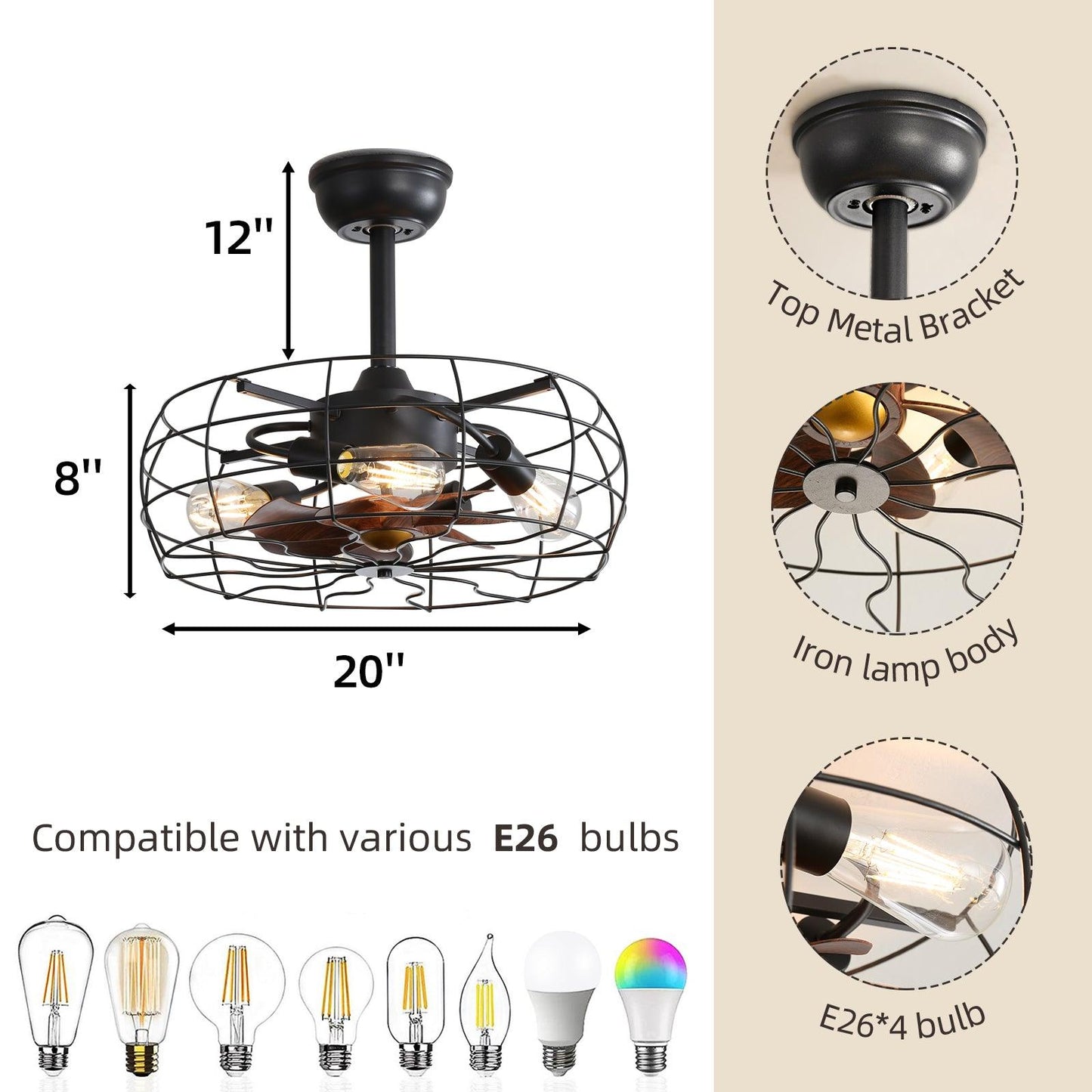 19inch Cage Retro Reiling Fan with Lights - FurniFindUSA