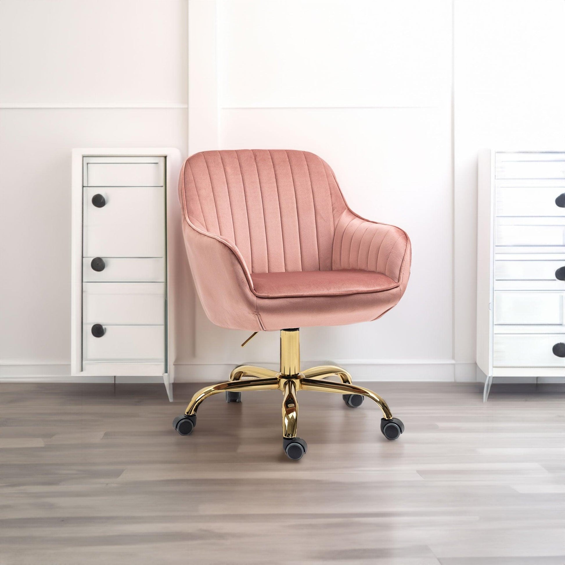 360° Pink Velvet Swivel Chair With High Back Adjustable Working Chair With Golden Color Base - FurniFindUSA