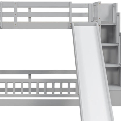 Gray Twin Over Twin Solid Wood Bunk Bed With Stairs And Lighted And Slide