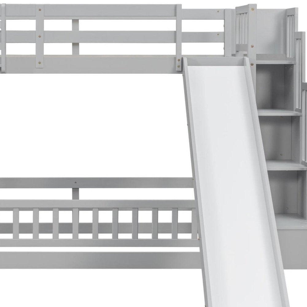 White Twin Over Twin Solid Wood Bunk Bed With Stairs And Lighted And Slide HomeRoots