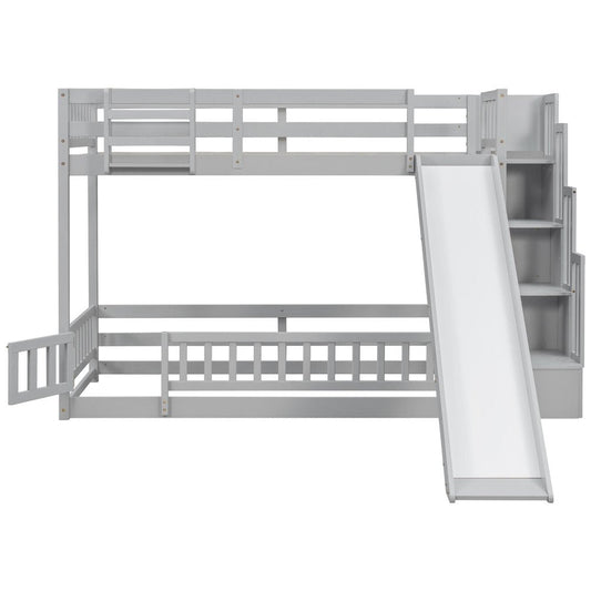 White Twin Over Twin Solid Wood Bunk Bed With Stairs And Lighted And Slide