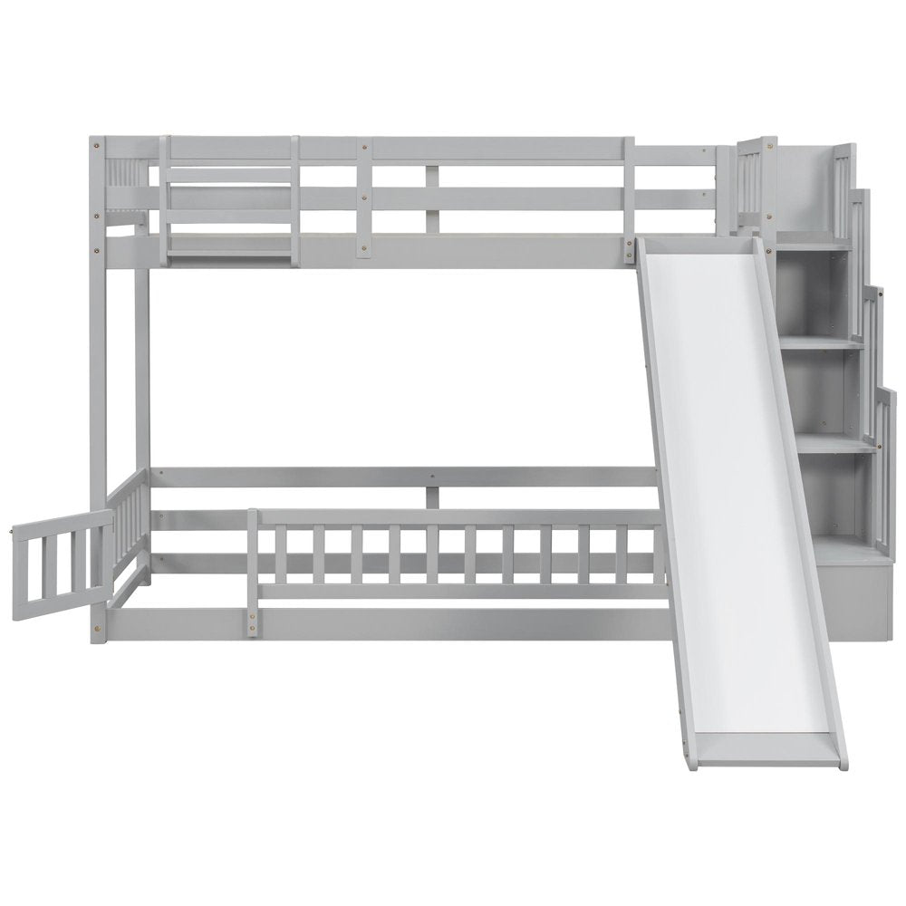 Gray Twin Over Twin Solid Wood Bunk Bed With Stairs And Lighted And Slide