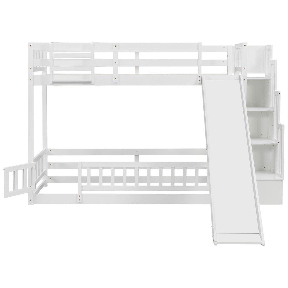 White Twin Over Twin Solid Wood Bunk Bed With Stairs And Lighted And Slide HomeRoots