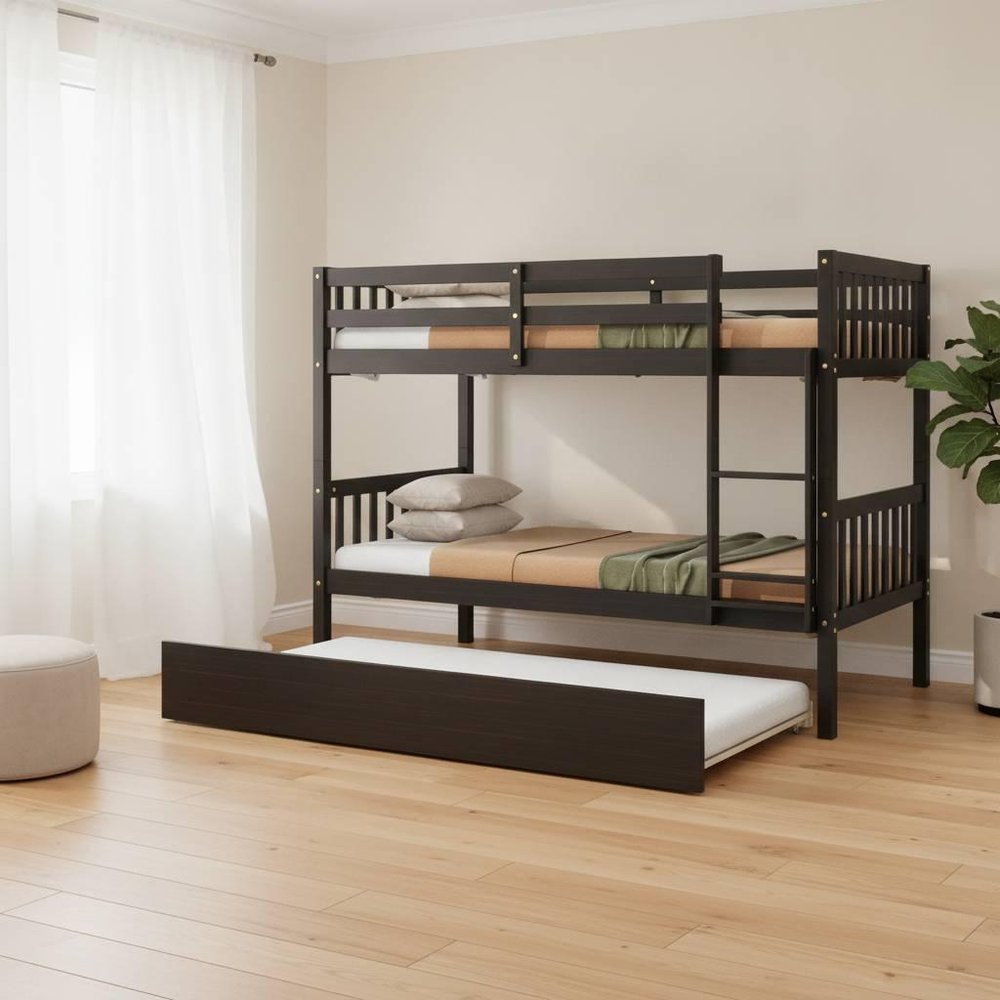 Espresso Twin Over Twin Solid Wood Bunk Bed With Trundle