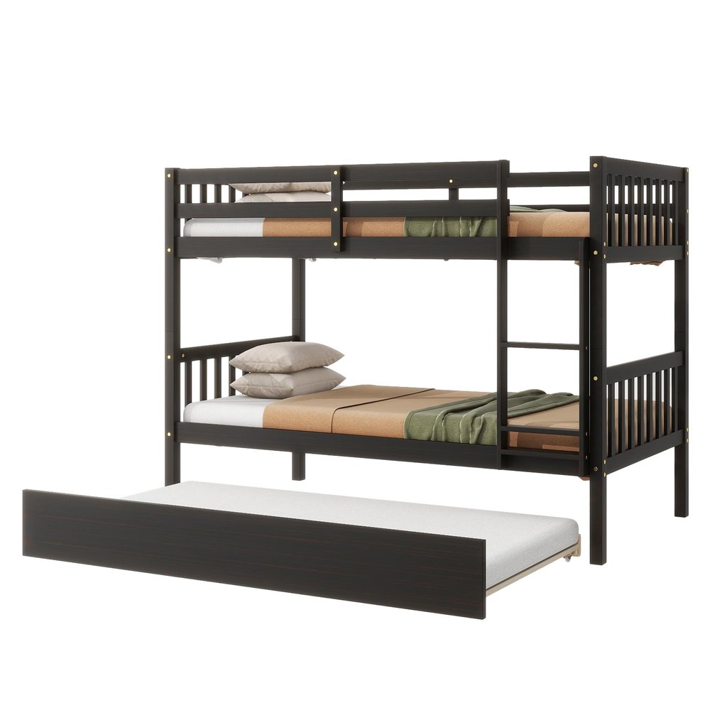 Espresso Twin Over Twin Solid Wood Bunk Bed With Trundle HomeRoots