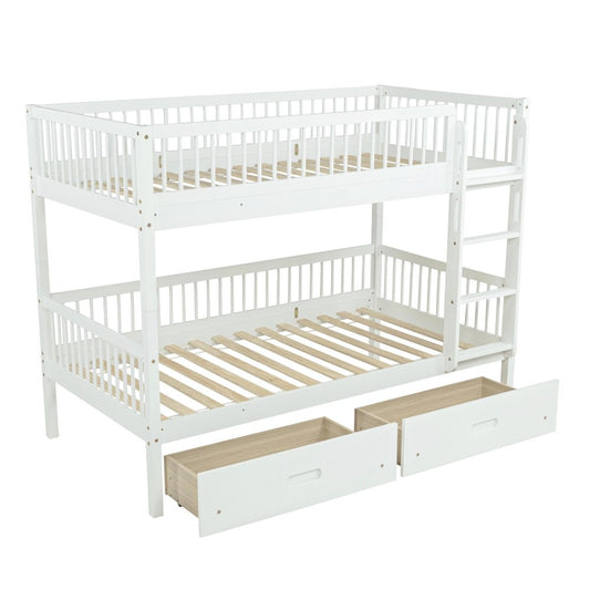 Natural Twin Over Twin Solid Wood Bunk Bed With Drawers And Storage