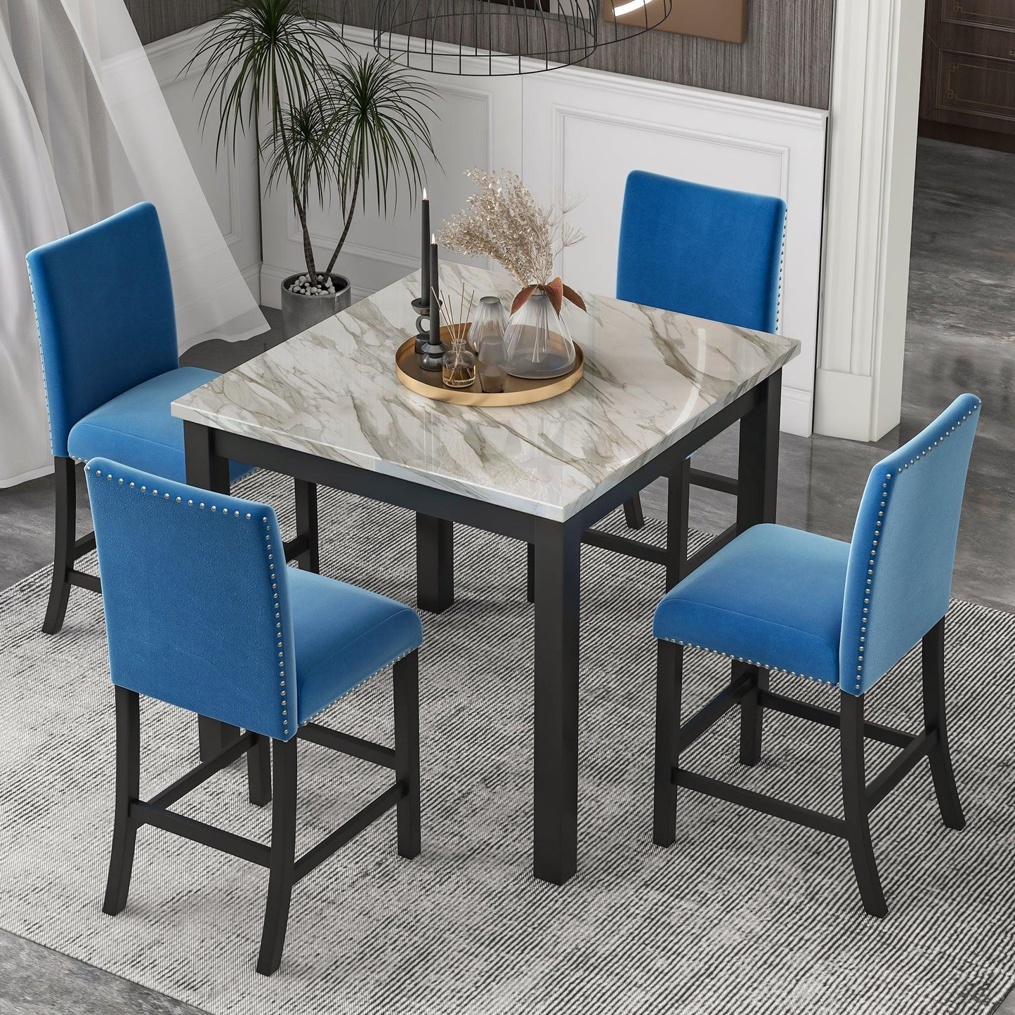 5-piece Counter Height Dining Table Set with One Faux Marble Dining Table and Four Upholstered-Seat Chairs Blue - FurniFindUSA