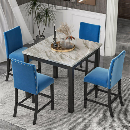 5-piece Counter Height Dining Table Set with One Faux Marble Dining Table and Four Upholstered-Seat Chairs Blue - FurniFindUSA