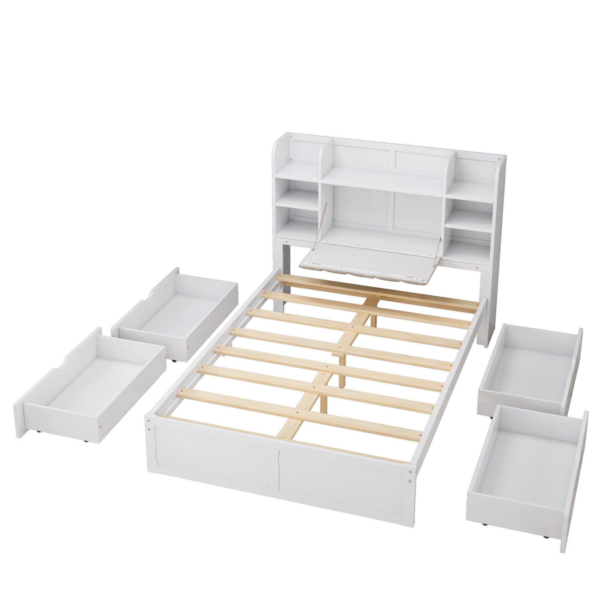 Multi-functional Full Size Bed Frame with 4 Under-bed Portable Storage Drawers and Multi-tier Bedside Storage Shelves White - FurniFindUSA