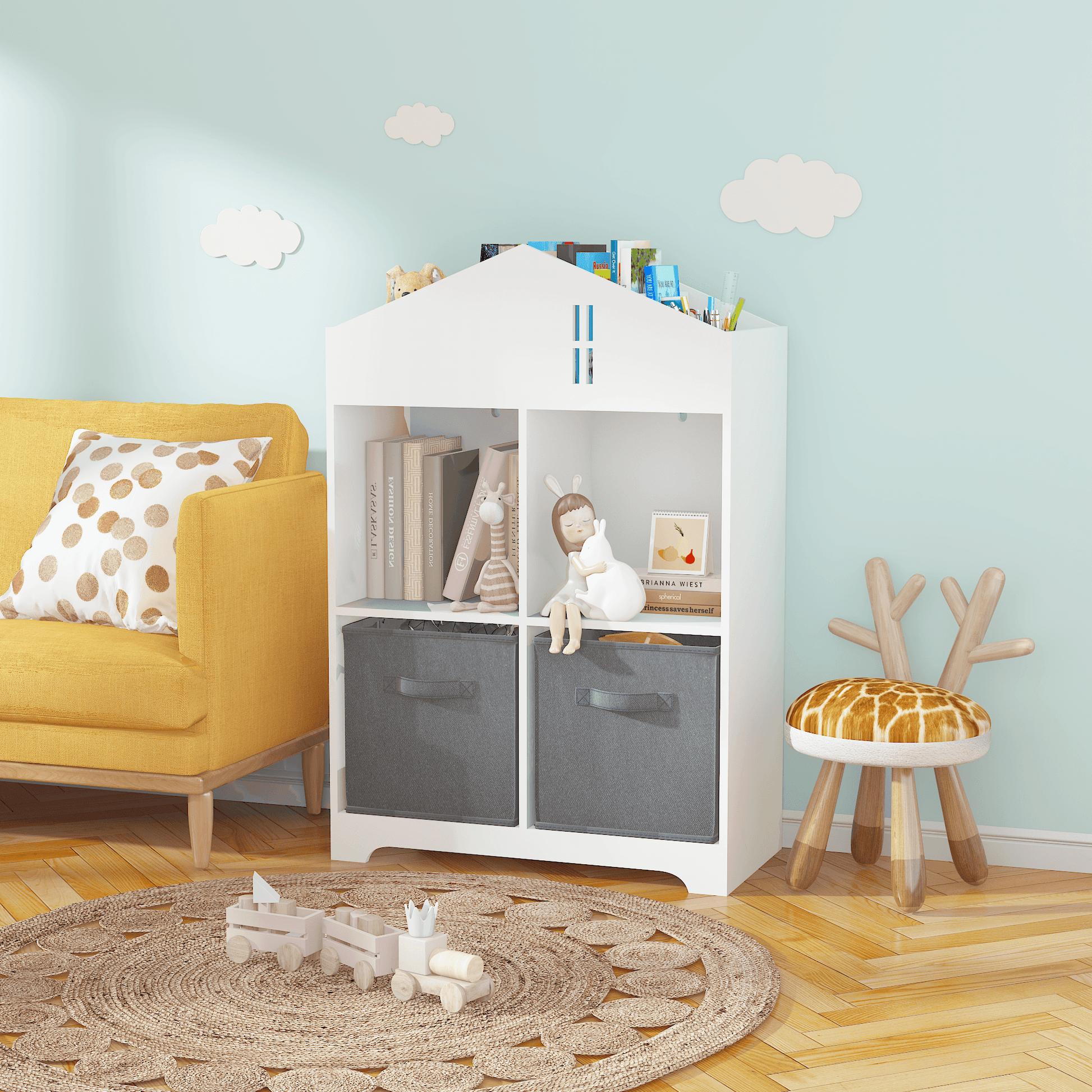 Kids Dollhouse Bookcase with Storage 2-Tier Storage Display Organizer (White/Gray) - FurniFindUSA