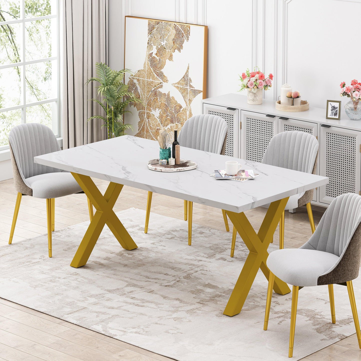 70.87"Modern Square Dining Table with Printed White Marble Table Top+Gold X-Shape Table Leg - FurniFindUSA