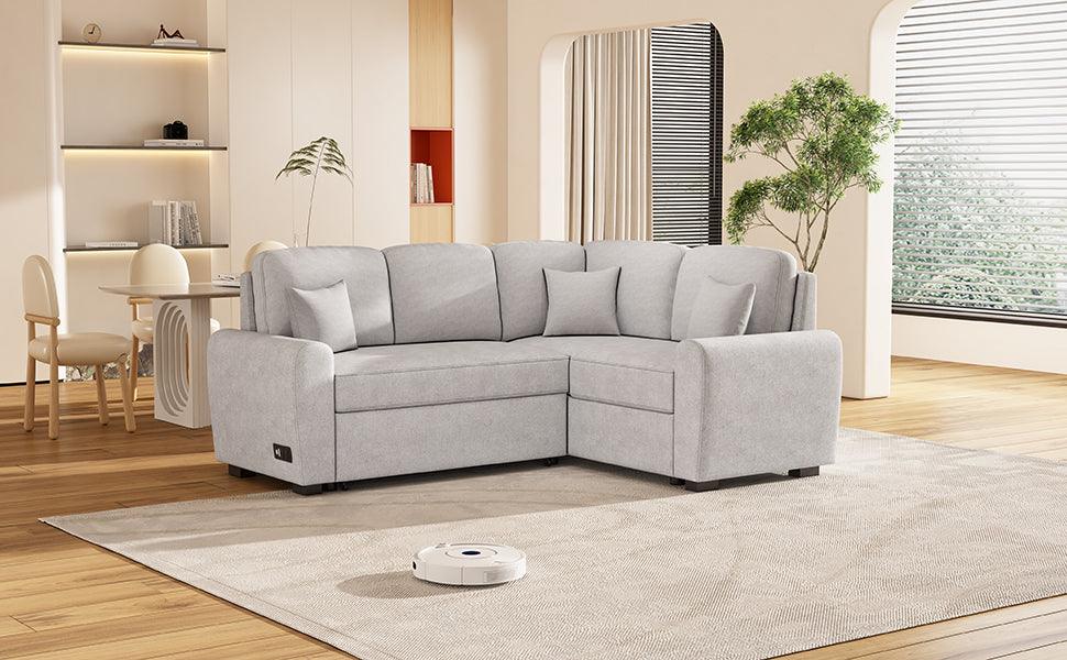 87.4"Sectional Sleeper Sofa with USB Charging Port and Plug Outlet Pull-Out Sofa Bed with 3 Pillows Grey - FurniFindUSA