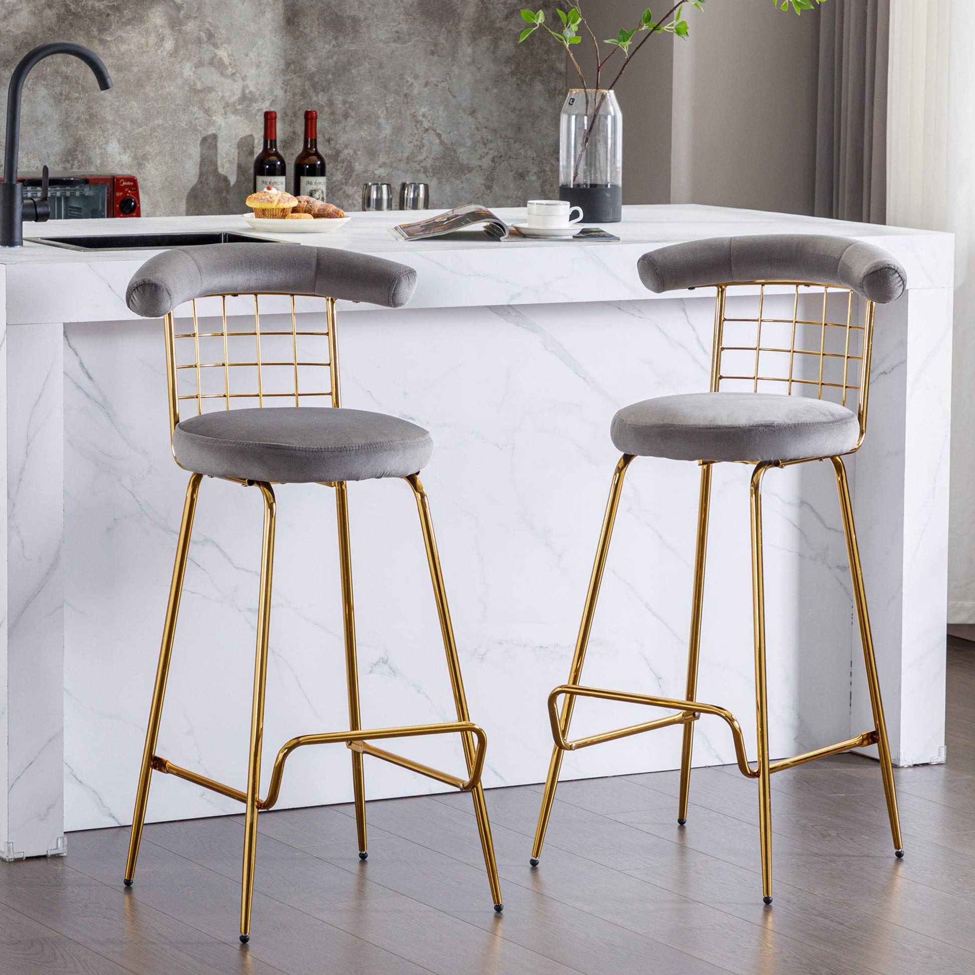 Bar Stool Set of 2 Luxury Velvet High Bar Stool with Metal Legs and Soft Back Grey - FurniFindUSA