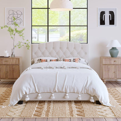 Upholstered Platform Bed with Saddle Curved Headboard and Diamond Tufted Details Queen Beige - FurniFindUSA