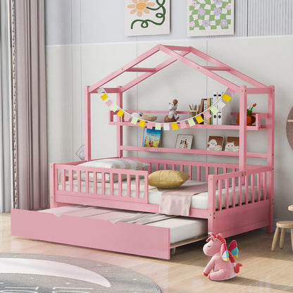 Wooden Twin Size House Bed with Trundle Kids Bed with Shelf Pink - FurniFindUSA