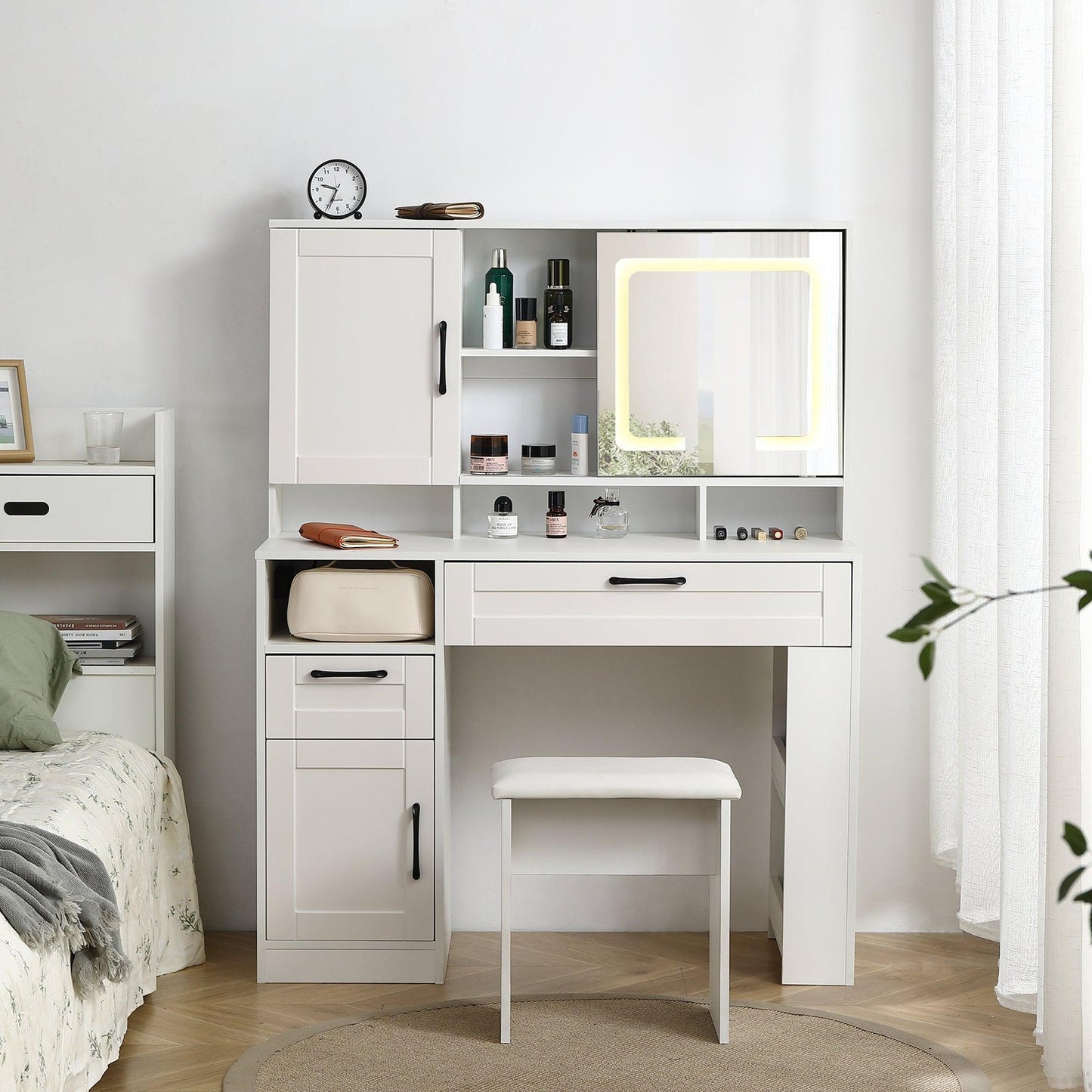 Vanity table with large sliding lighted mirror dressing table with 2 drawers storage shelves and upholstered stool white color - FurniFindUSA