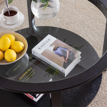 Modern Solid wood round coffee table with tempered glass top black color-36" - FurniFindUSA