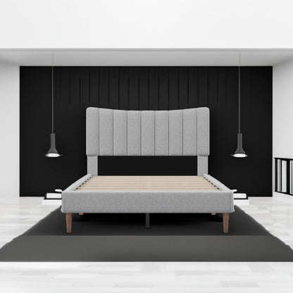 Upholstered Platform Bed Frame with Vertical Channel Tufted Headboard No Box Spring Needed Full Gray - FurniFindUSA