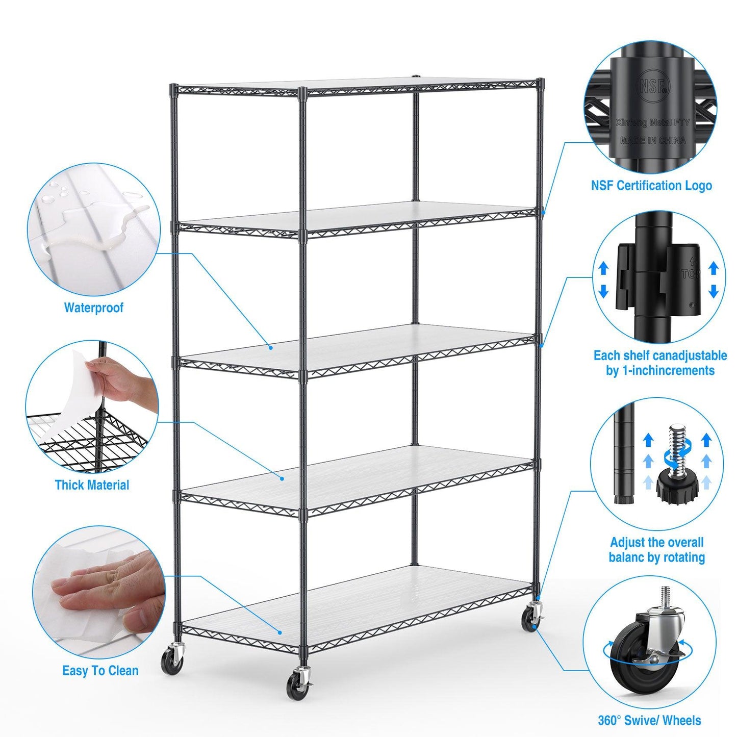 5 Tier 6000lbs Heavy Duty Adjustable Storage Rack Metal Shelf Wire Shelving Unit Black - FurniFindUSA