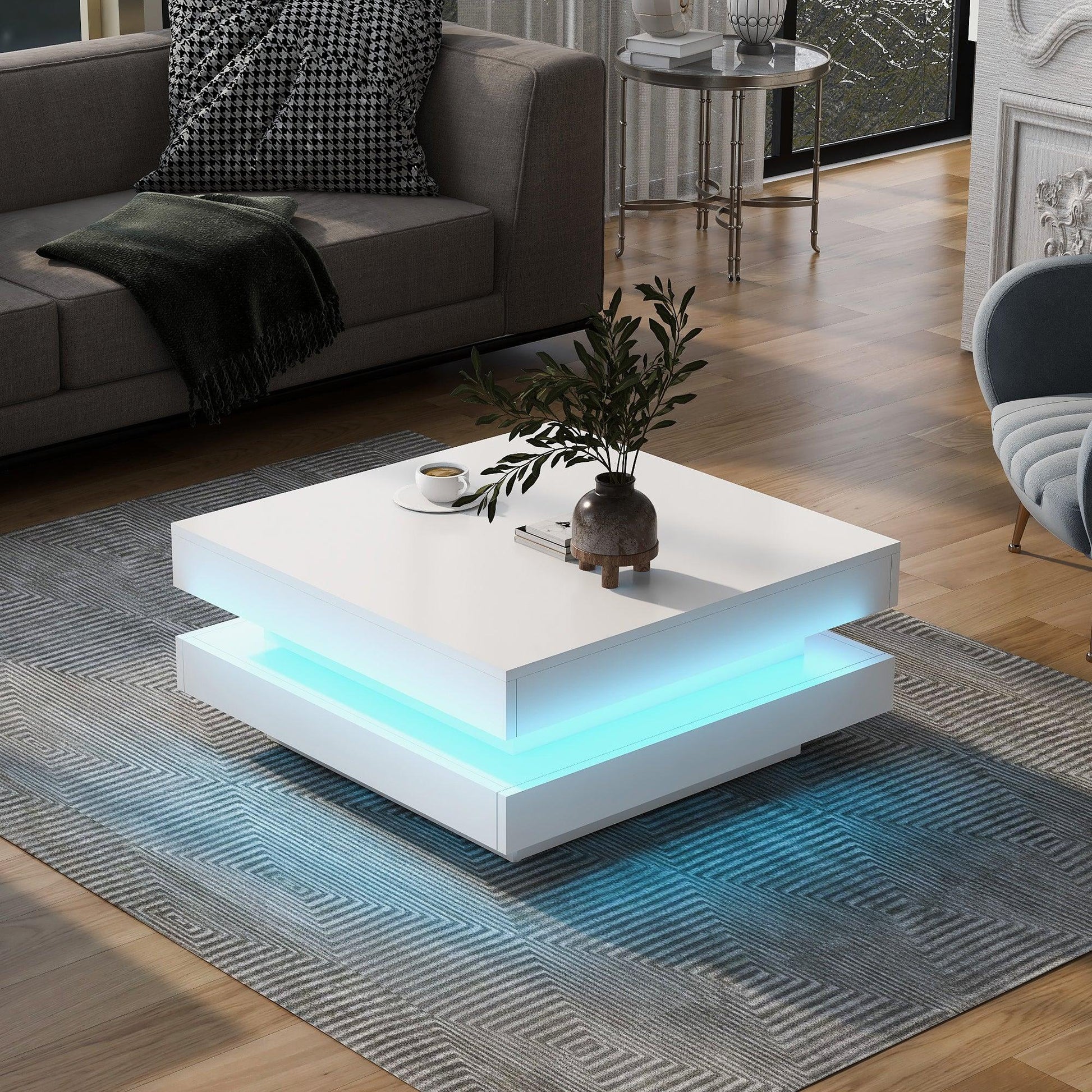 ON-TREND High Gloss Minimalist Design with LED Lights 2-Tier Square Coffee Table White - FurniFindUSA