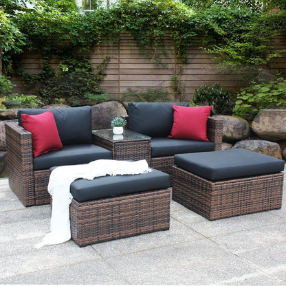 5 Pieces Outdoor Patio Garden Brown Wicker Sectional Conversation Sofa Set - FurniFindUSA