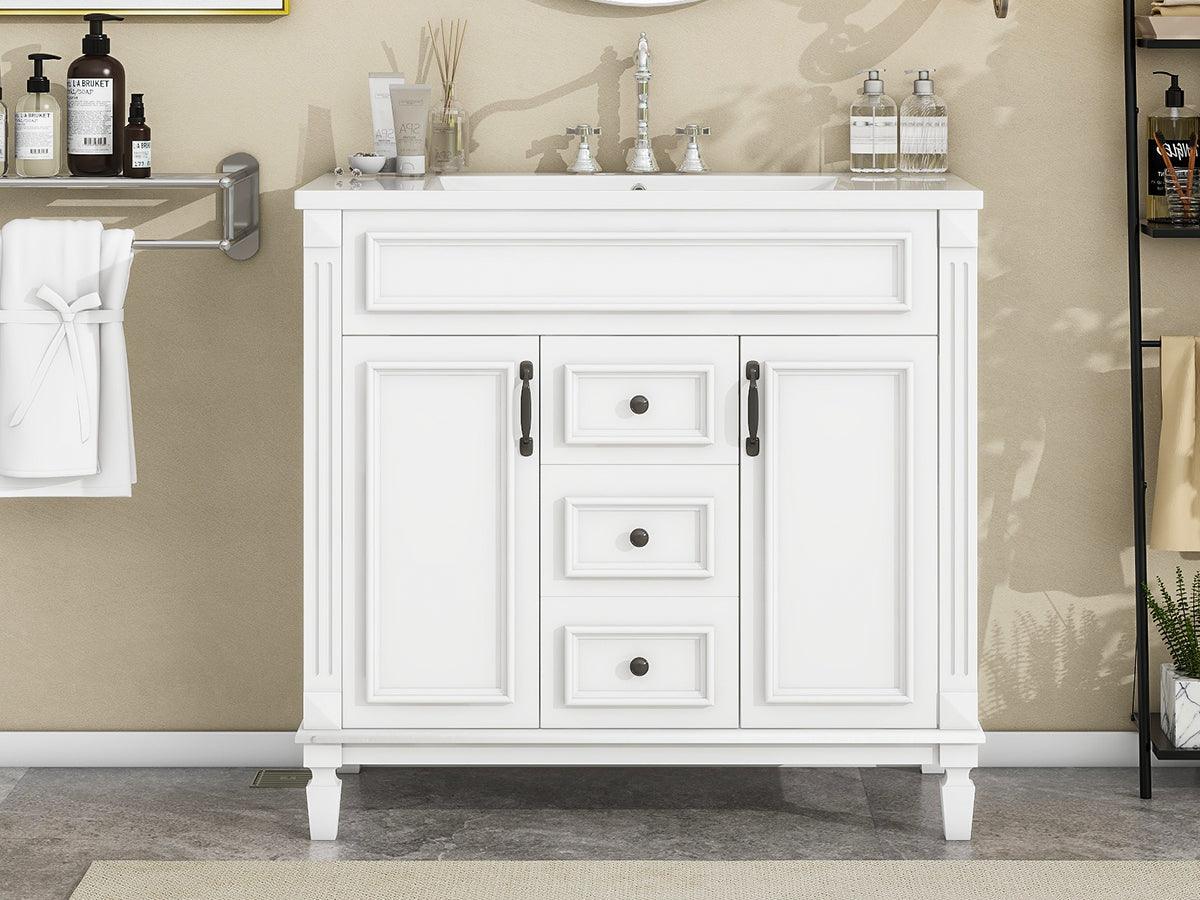 36 inch white bathroom vanity with top sink, equipped with 2 soft closing doors and 2 drawers, bathroom storage cabinet, single - FurniFindUSA