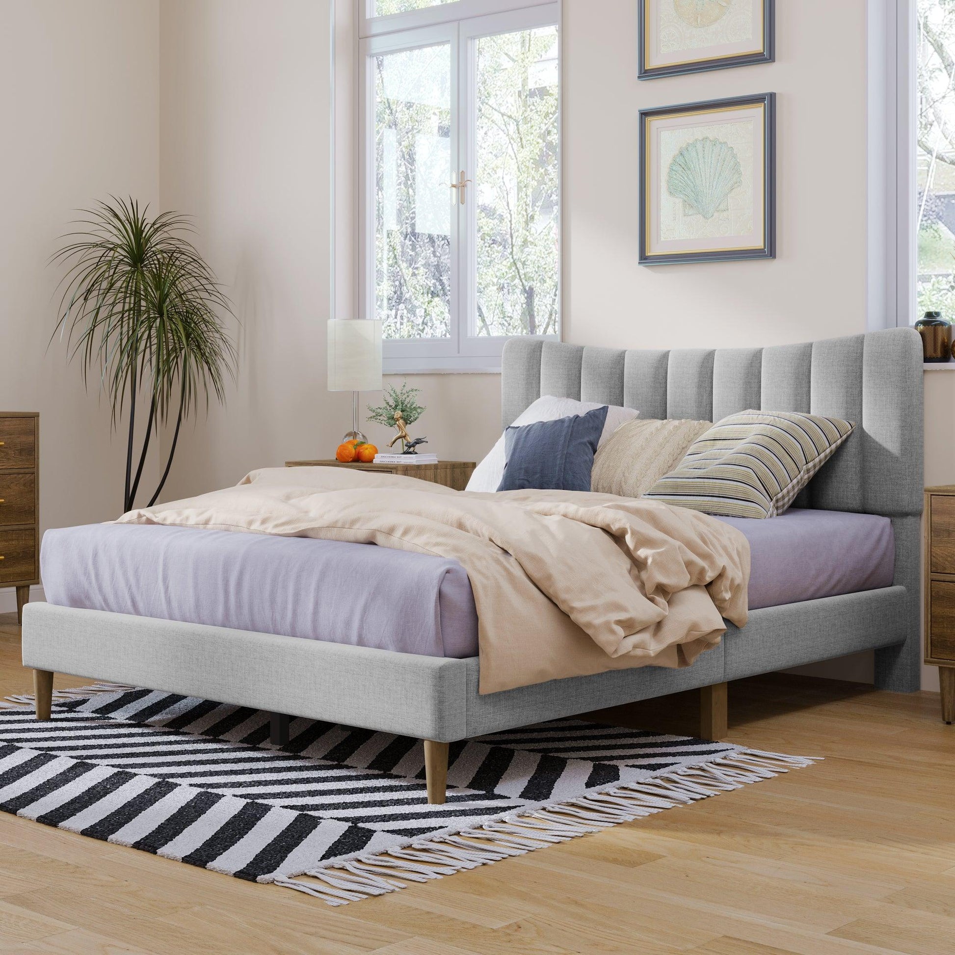 Upholstered Platform Bed Frame with Vertical Channel Tufted Headboard No Box Spring Needed Full Gray - FurniFindUSA