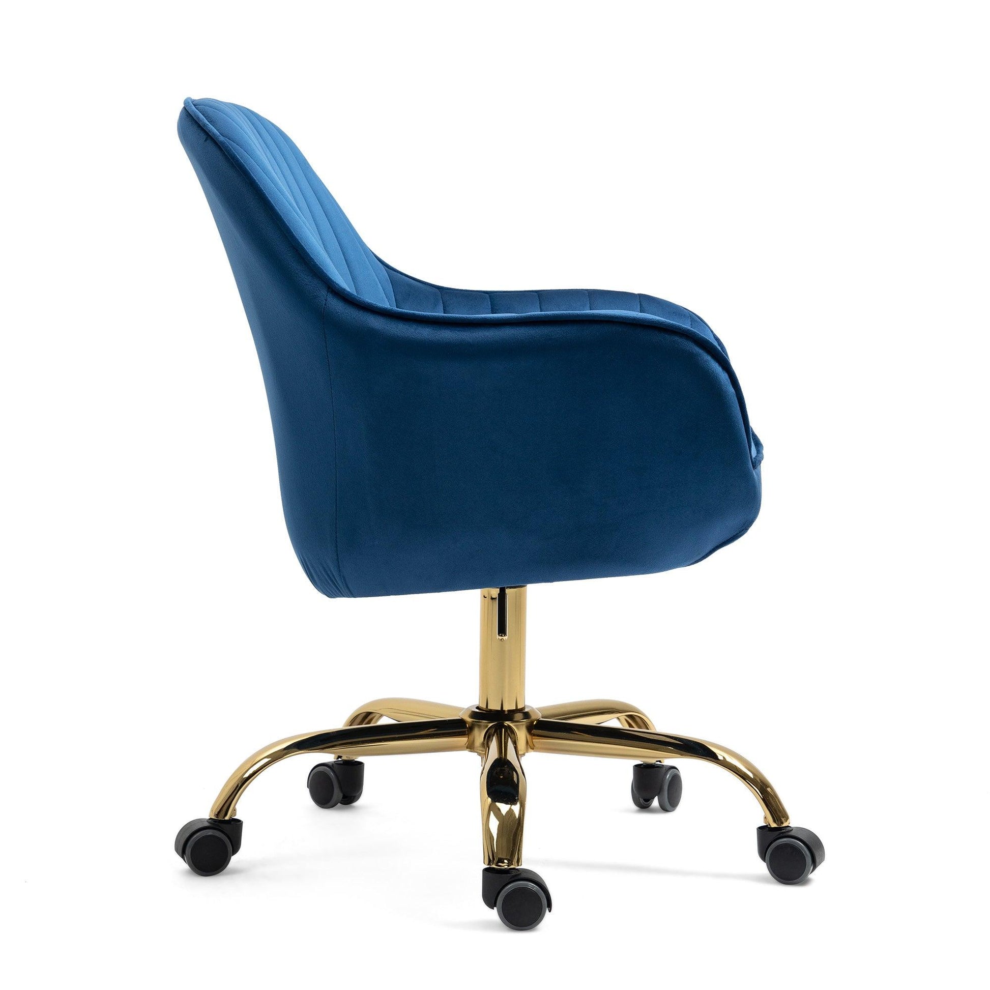 360° Dark Blue Velvet Swivel Chair With High Back Adjustable Working Chair With Golden Color Base - FurniFindUSA