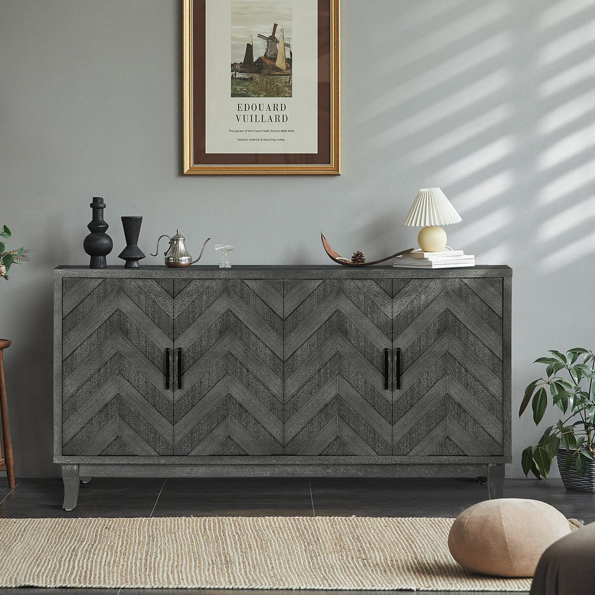 Stronger Vintage Style Buffet Cabinet Lacquered Accent Storage 4 Door Wooden Cabinets Taupe Grey - FurniFindUSA