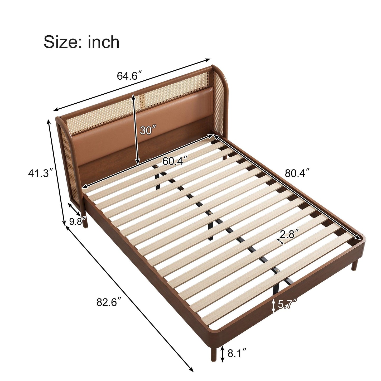 Modern Cannage Rattan Wood Platform Queen Bed Walnut - FurniFindUSA