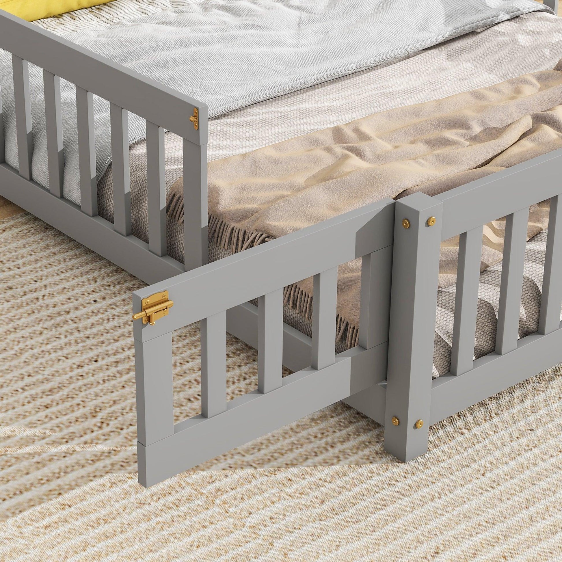 Full House-Shaped Headboard Floor Bed with Fence Grey - FurniFindUSA