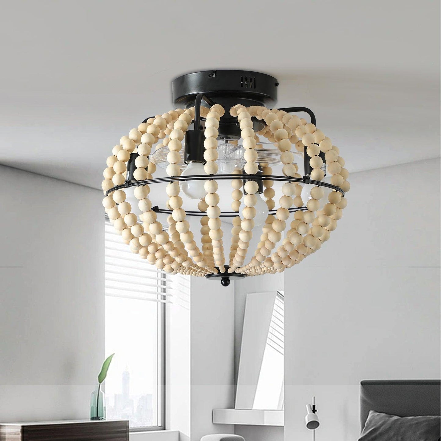 Beaded Fan lamp Wood Beaded Chandelier Oak White - FurniFindUSA