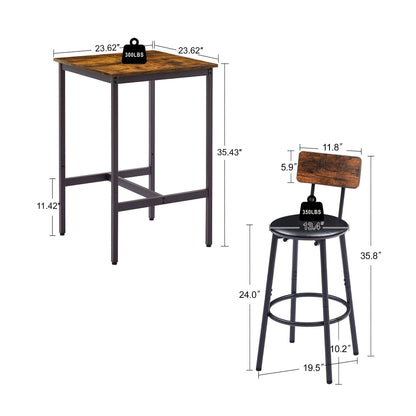 Bar Table Set with 2 Bar stools PU Soft seat with backrest Rustic Brown 23.62'' W x 23.62'' D x 35.43'' H - FurniFindUSA