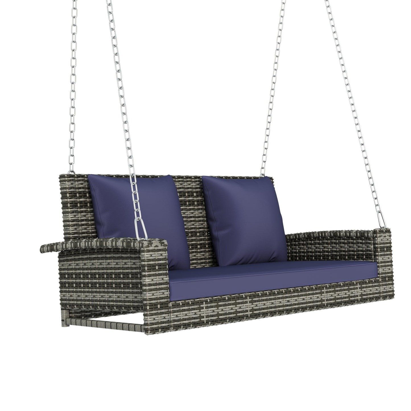 GO 2-Person Wicker Hanging Porch Swing with Chains(Gray Wicker Blue Cushion) - FurniFindUSA