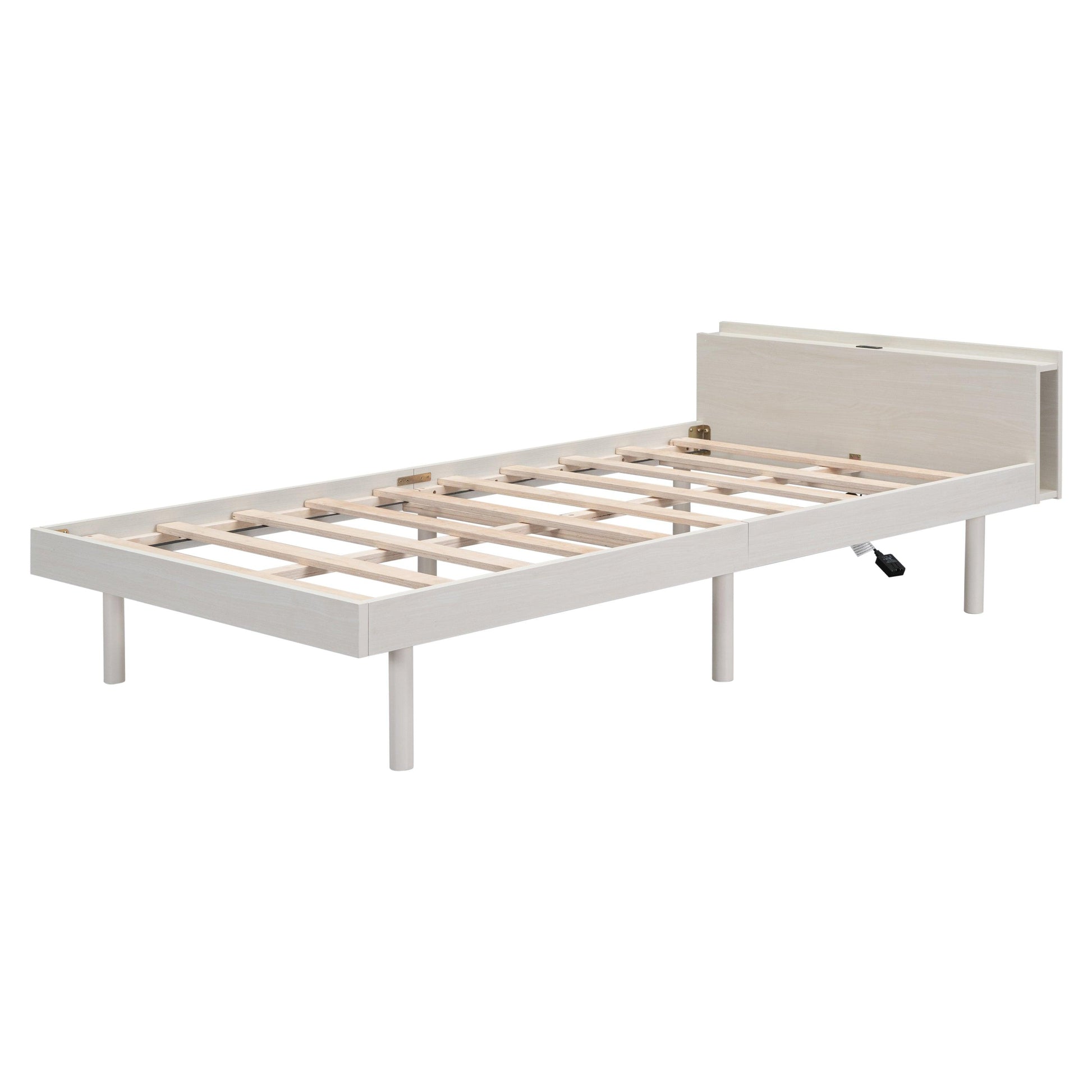 Modern Design Twin Size Platform Bed Frame with Built-in USB Ports for White Washed Color - FurniFindUSA