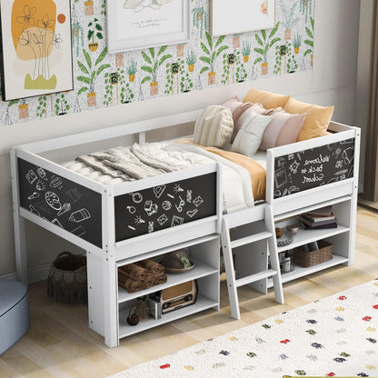 Twin Size Low Loft Bed with Two Movable Shelves and Ladder,with Decorative Guardrail Chalkboard,White - FurniFindUSA