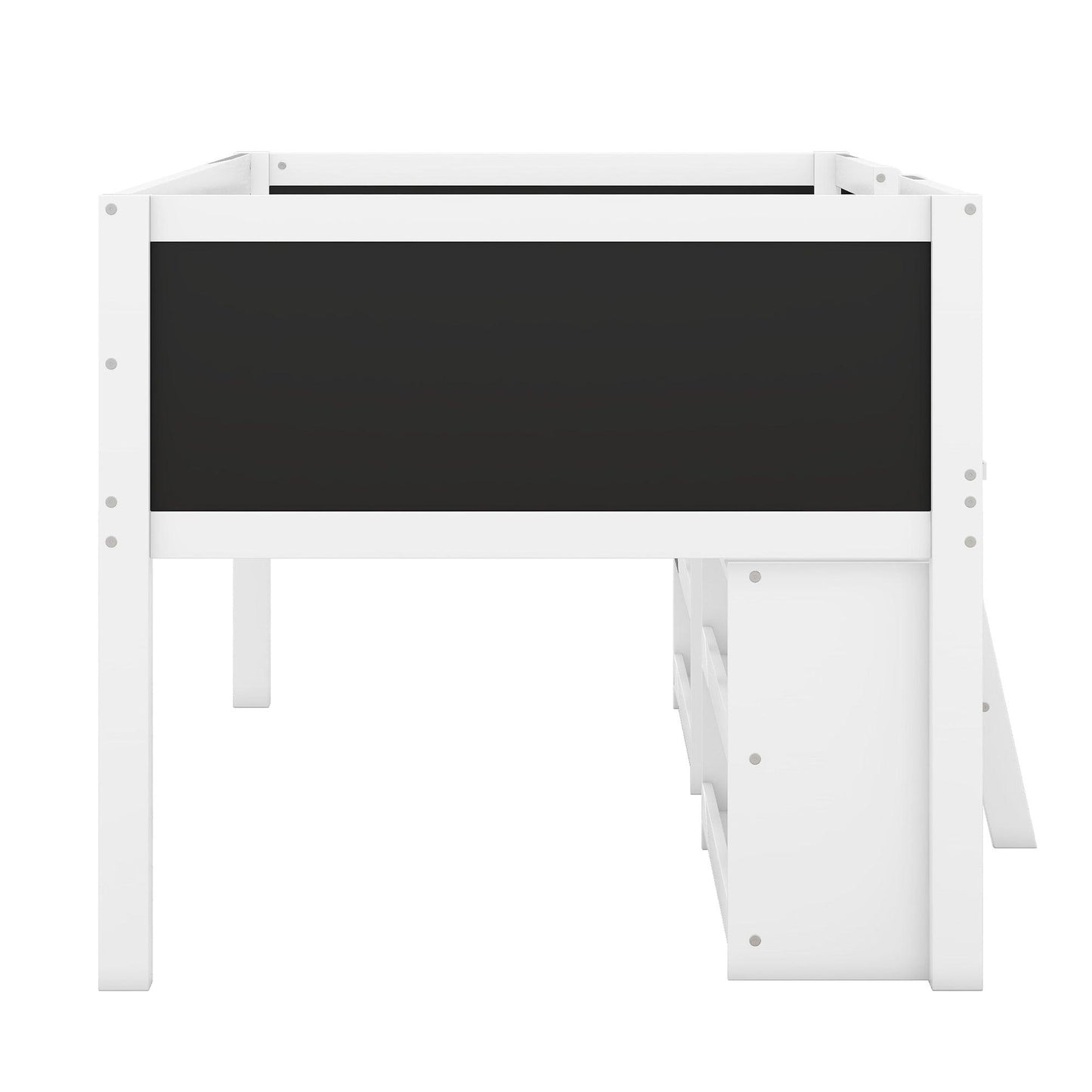 Twin Size Low Loft Bed with Two Movable Shelves and Ladder,with Decorative Guardrail Chalkboard,White - FurniFindUSA